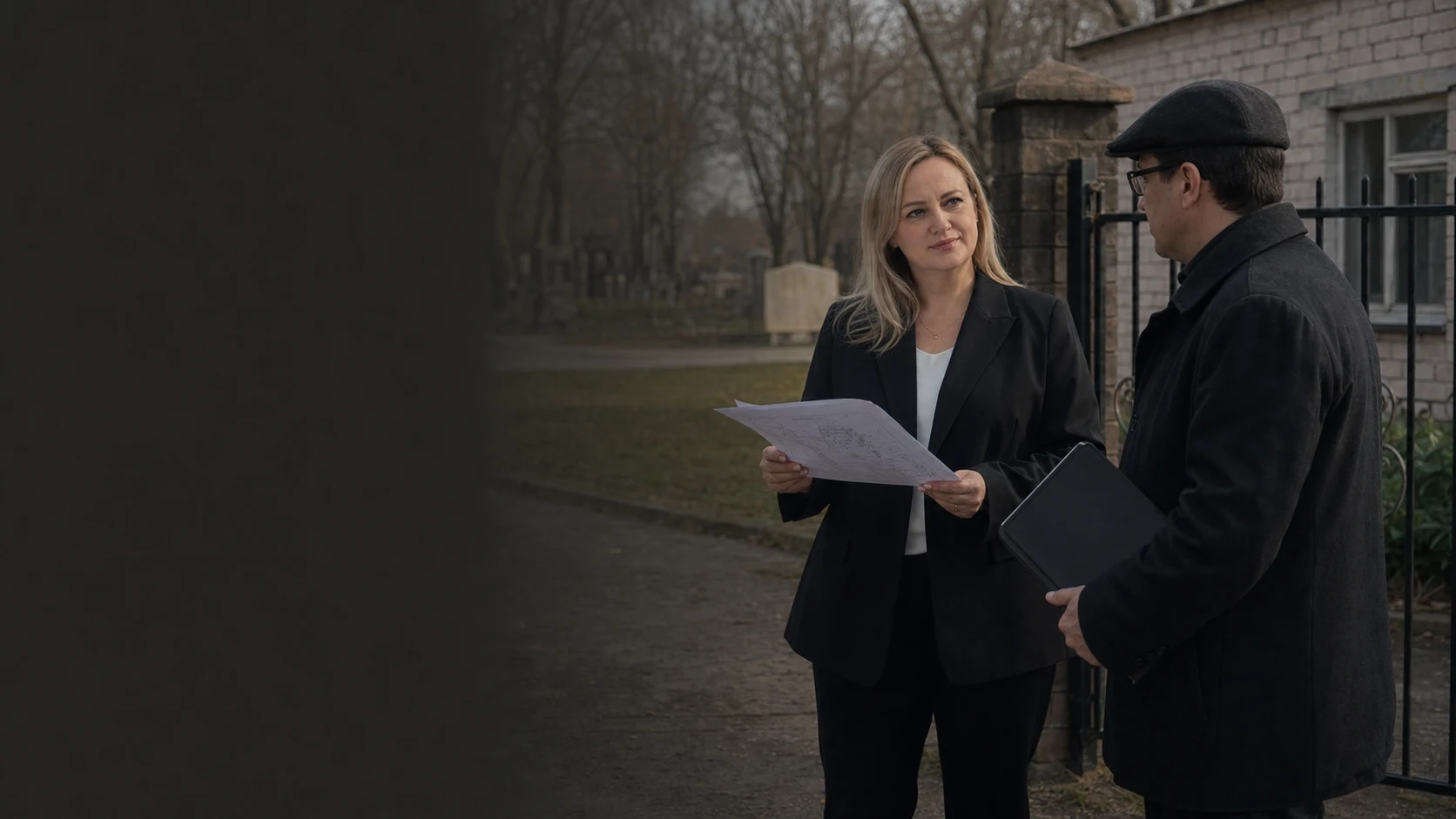 Ирина Петрова обсуждает документы для перезахоронения с представителем кладбища